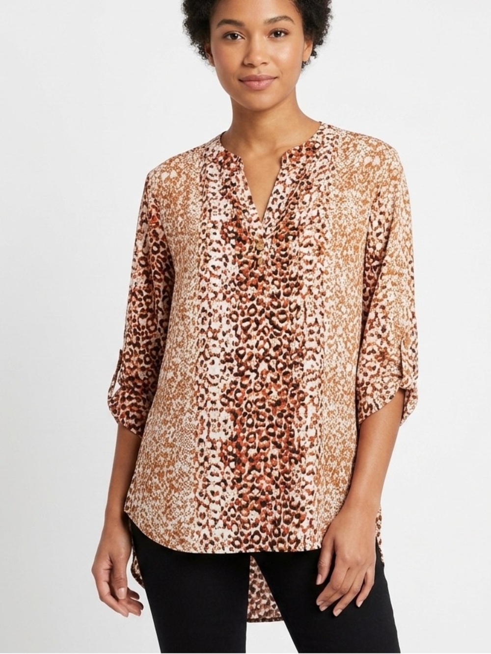 CURE Animal Print Roll Sleeve Blouse Tunic Top Women’s Large Boho